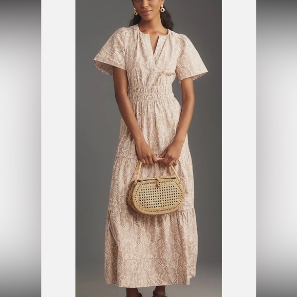 Anthropologie The Somerset Maxi Dress Print Smocked Brown Ivory Sand 2X - Picture 7 of 13